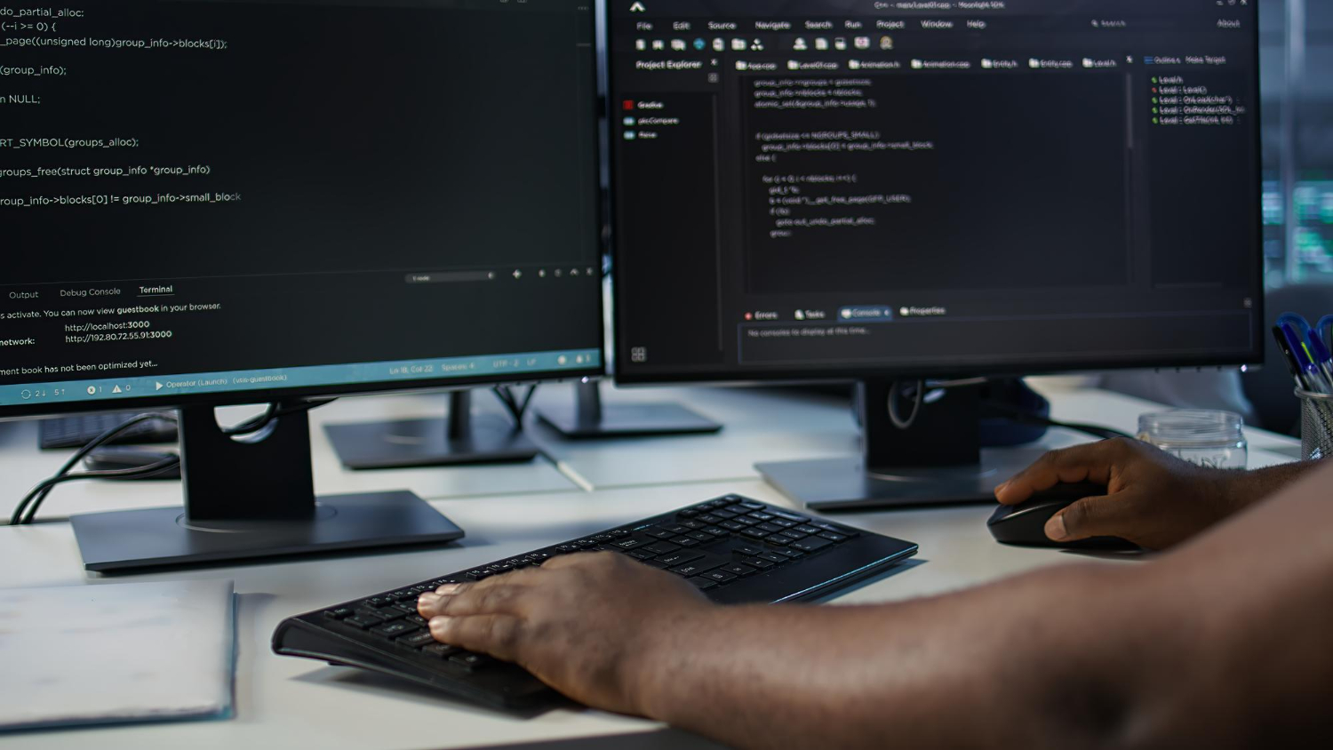 Developers reviewing code together
